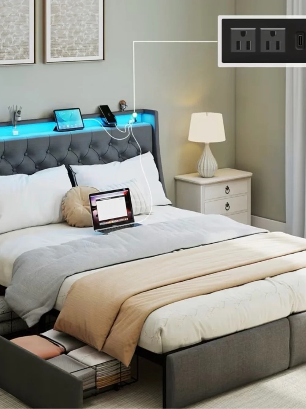Queen Size Bed with 4 Storage Drawers